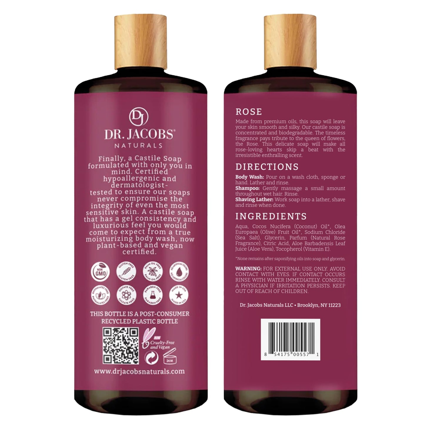 Dr. Jacobs Naturals Pure Castile Soap Liquid Body Wash, Rose - Plant Based Body Soap Infused with Vitamin E and Aloe Vera to Moisturize Dry and Sensitive Skin - Made in The USA - 32 oz, Pack of 3