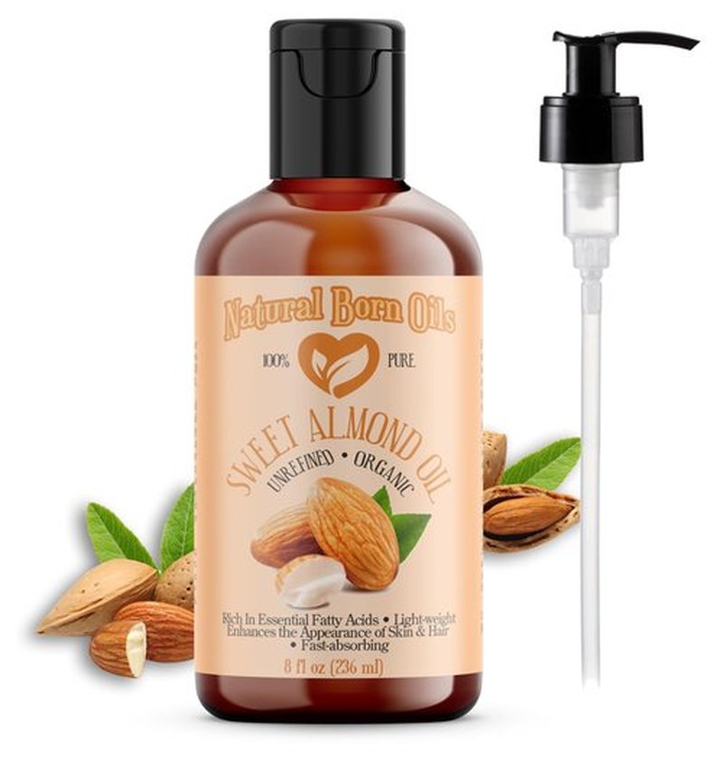 Natural Born Oils Sweet Almond Oil, 8oz, Organic, Cold-Pressed, Rich in Fatty Acids, Ideal for Moisturizing Skin, Strengthening Hair