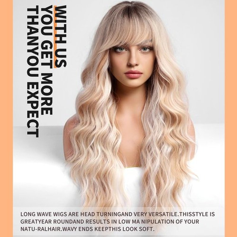 KOME Ombre Blonde Wigs with Bangs,Long Curly Wig for Women,Blonde Long Wavy Wig Synthetic Hair Wig for Party Cosplay Daily Use 24IN