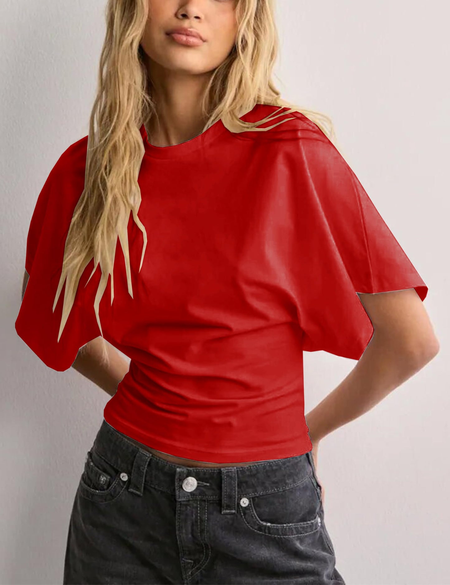 Lumister Shirts for Womens Crewneck Tighten Waist T-Shirt Casual Short Sleeve Workout Tops Solid Color Basic Tees(0781-Red-S)