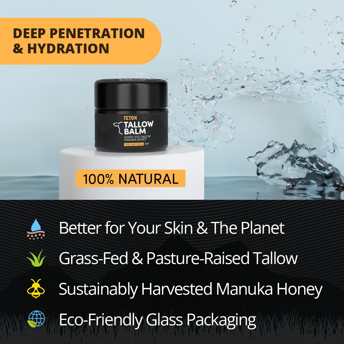 TETON Grass Fed Beef Tallow Balm with Manuka Honey, Olive Oil & Vitamin E – All-Natural Face & Body Moisturizer – Hydrating Skin Cream for Dry, Sensitive Skin – 50ml Glass Jar