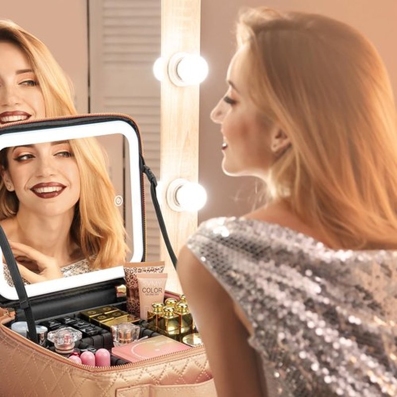 Extrei Gent Traveling Makeup Train Case with LED Lighted Mirror, Portable Waterproof 3-Color Adjustable Brightness Professional Makeup Bag with Dividers Makeup Brush Accessories and Toolkit