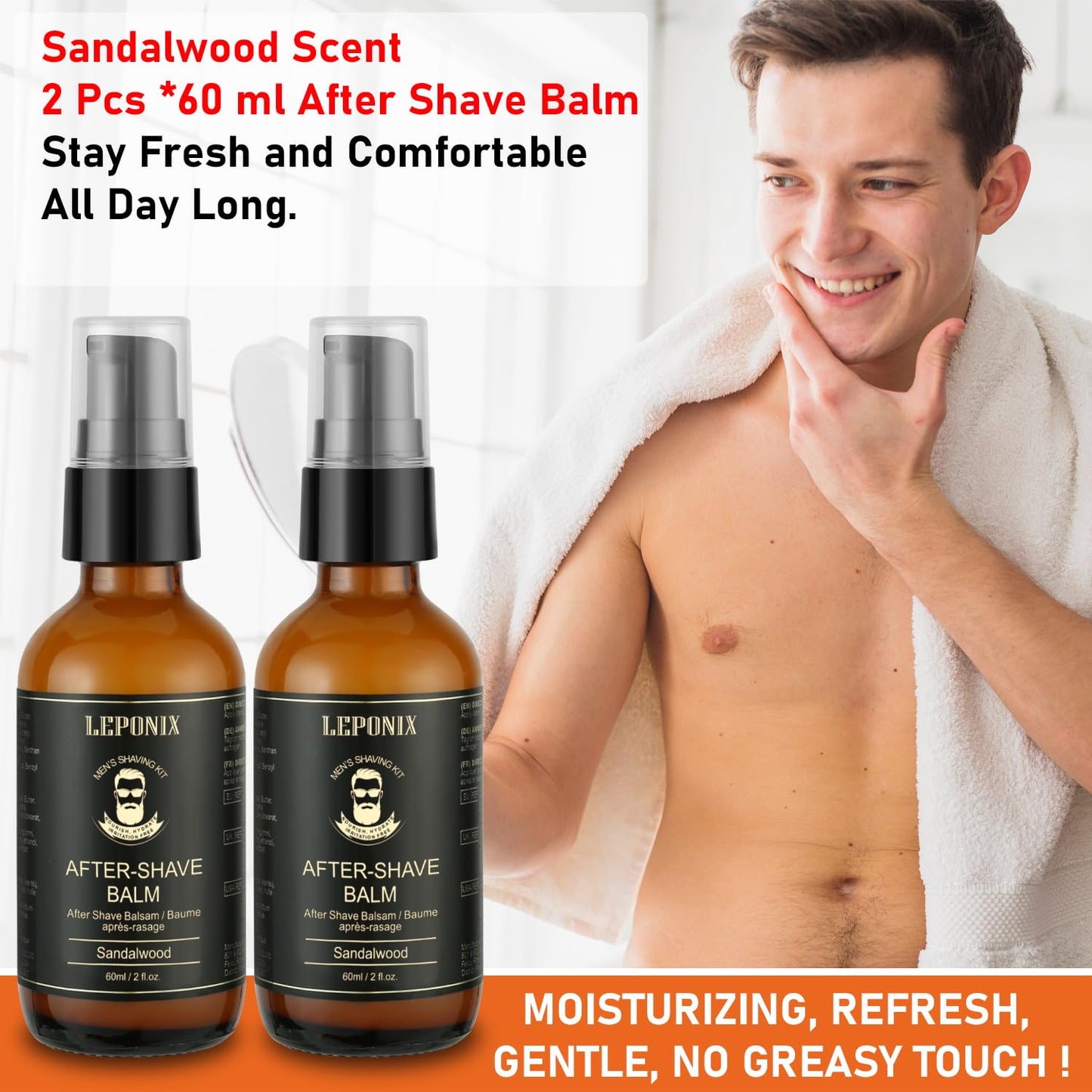 LEPONIX After Shave Balm for Men, 2 Pack (2 x 60ML, 120ML Total) – Luxury After Shave Lotion for Men's Skin Care with Sandalwood, Cooling, Hydrating & Razor Bump Relief, Post Shave Care to Soothe Skin