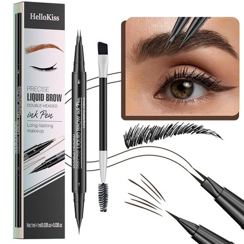 Magical Curved Brow Pen, Trailott Eyebrow Pen 2 Fork Tip, Trailott Microblading Eyebrow Pen, HelloKiss Precise Liquid Brow Double Headed ink Pen Long-lasting Makeup Waterproof (5# Black)