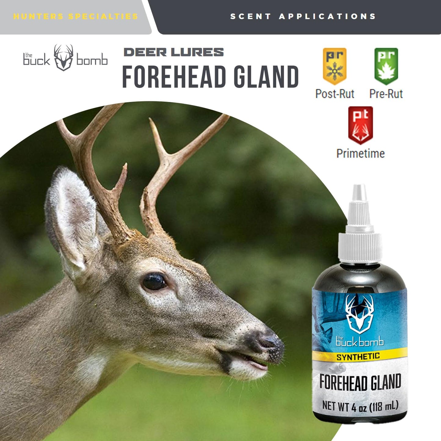 Hunters Specialties Buck Bomb Synthetic Forehead Gland Liquid Scent w/Wicks | Deer Buck Lure Hunting Primetime Post/Pre-Rut Scent Attractant for Hunting, 4 Oz (118 ml.)