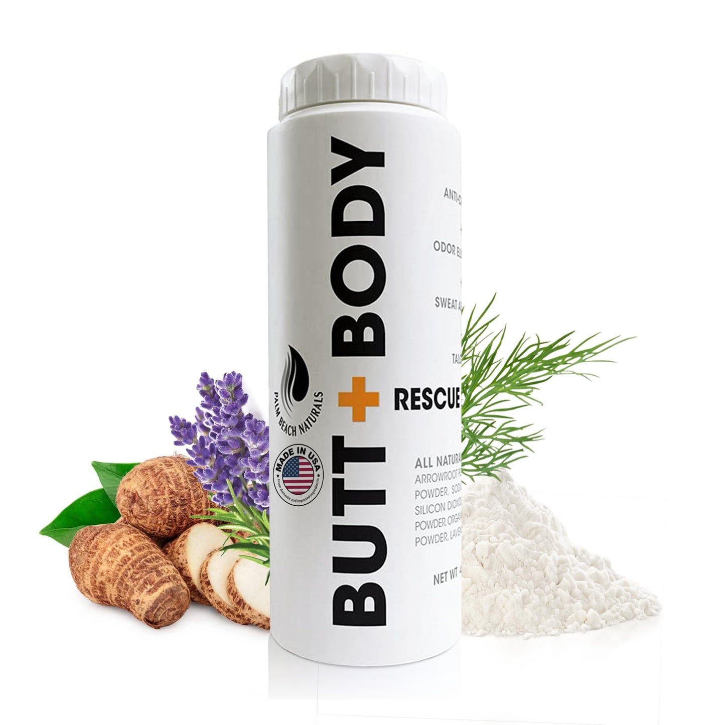 Palm Beach Naturals Butt & Body Rescue Powder for Men & Women – Whole Body Deodorant Absorbs Sweat, Controls Odor & Chafing with Cooling Sensation – Naturally Protects Skin, Talc Free – 4oz
