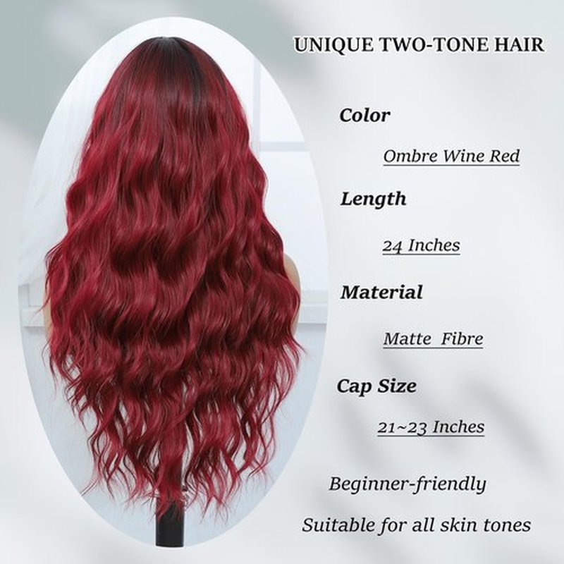 Amarlis Wine Red Wavy Wig for Women, 24 Inch Ombre Burgundy Curly Wigs with Bangs Natural Looking Heat Resistant Synthetic Fiber Wig