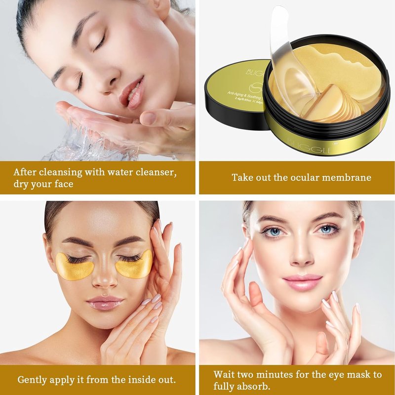 24K Gold Eye Mask - Under Eye Patches with Hyaluronic Acid | 64 Pcs for Dark Circles, Puffiness & Wrinkle Reduction