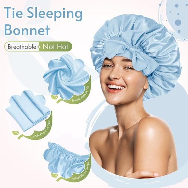 BONNET QUEEN Silk Bonnet for Sleeping Women Satin Bonnet Hair Bonnet Night Sleep Cap Scarf wrap for Curly Hair with tie Band Light Blue