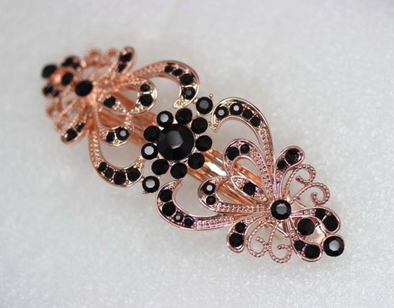 Faship Black Crystal Rose Gold Plated Hearts And Floral Hair Barrette
