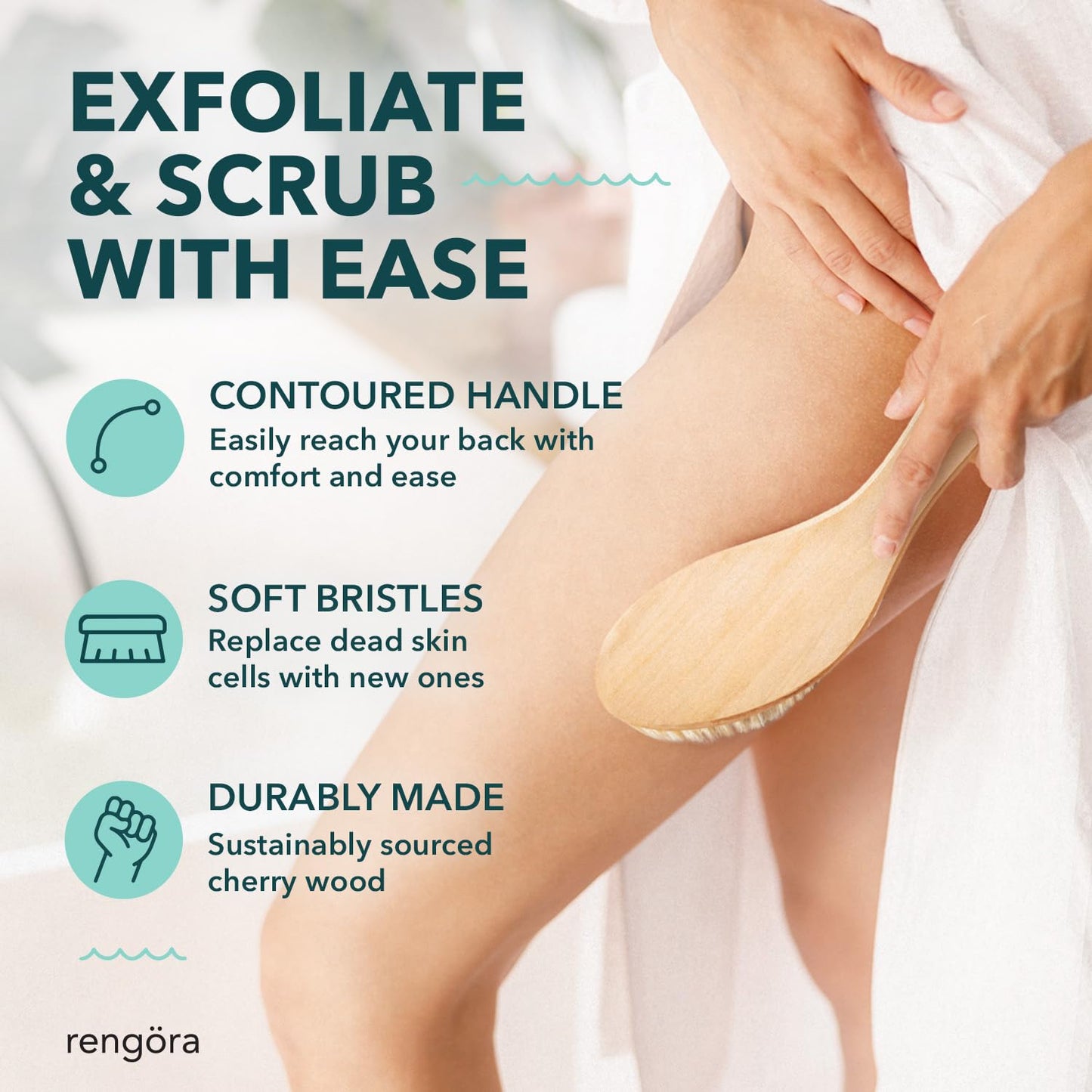 Dry Brushing Body Brush, Body Scrubber Dual-Use for Wet/Dry Exfoliating, Great for Lymphatic Drainage, Natural Boar Bristles, Ergonomic Handle, Makes a Nice Gift by Rengora