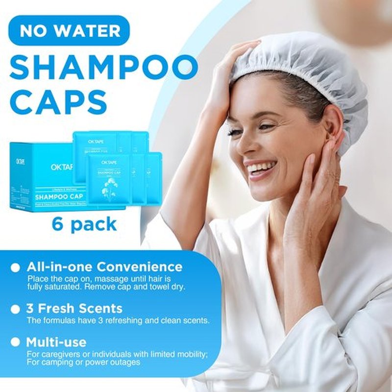 OK TAPE No Water Shampoo Caps (6 Pack) 3 Scents, Rinse Free Shower Cap for Elderly, After Surgery, Camping, Shampoo and Conditioner Hair Wash Cap