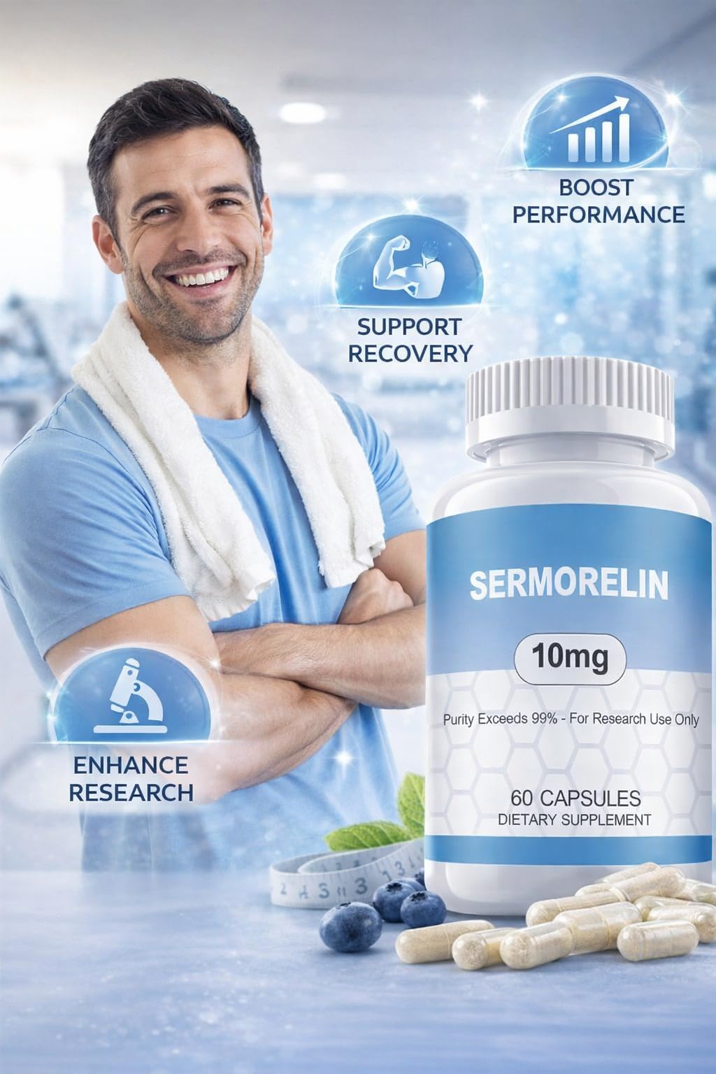 WUCOO Sermorelin Research Peptide, 10MG Research Grade Capsules, 99% Purity - 60 ct