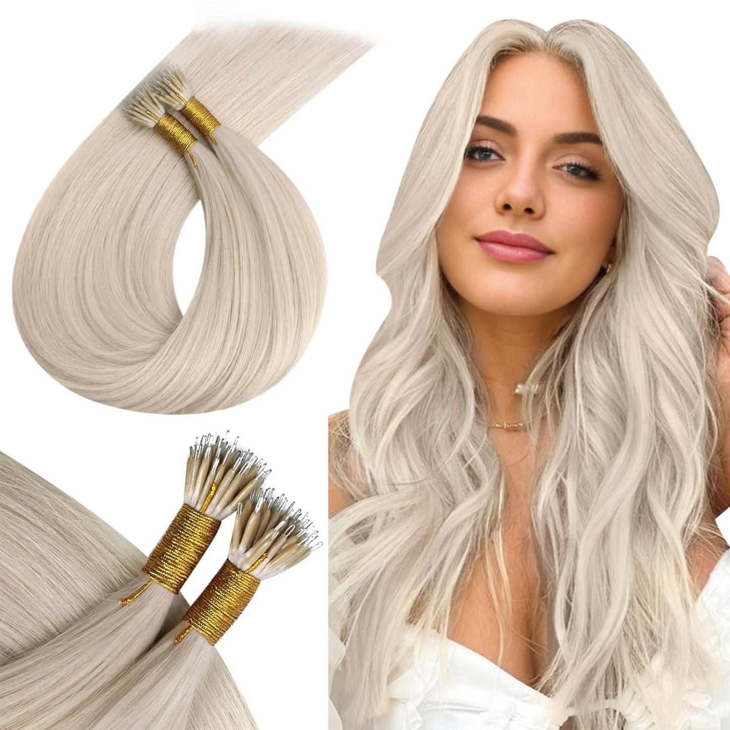 Ugeat Nano Hair Extensions Human Hair Platinum Blonde 14 inch Remy Nano Bead Hair Extensions Human Hair Blonde Nano Bead Hair Extensions Real Human Hair 50G 50S