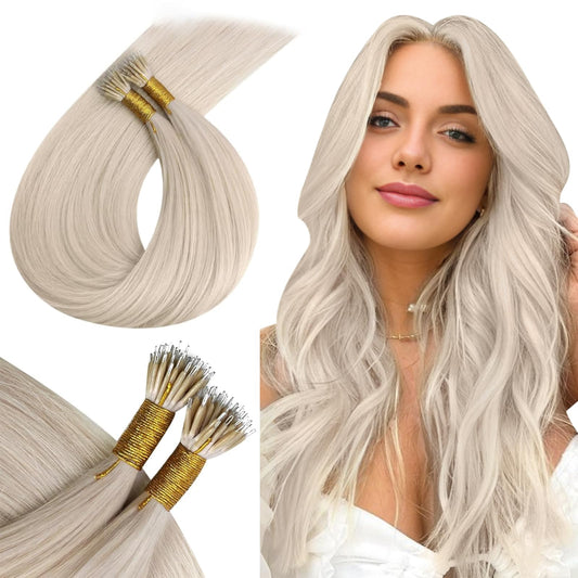 Ugeat Nano Hair Extensions Human Hair Platinum Blonde 14 inch Remy Nano Bead Hair Extensions Human Hair Blonde Nano Bead Hair Extensions Real Human Hair 50G 50S