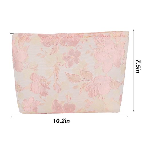 ZLFSRQ Flower Makeup Bag Travel Cute Floral Cosmetic Bags for Women Large Makeup Pouch Zipper Cosmetic Pouch for Purse Aesthetic Embossed Pink Makeup Organizer Bag Portable Toiletry Bag