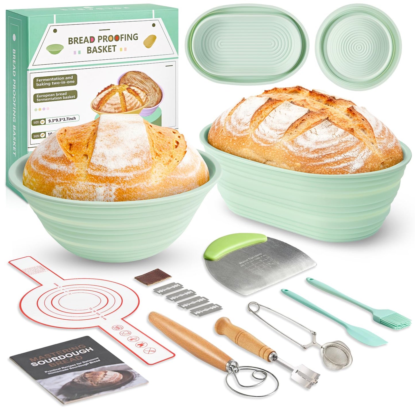 Napute Sourdough Starter Kit, 9PCS Sourdough Breads Baking Supplies, Silicone Banneton Bread Proofing Basket Set with 9" Round & 10" Val, Bread Sling, Whisk, Bread Lame, Sour Dough Baking Tools