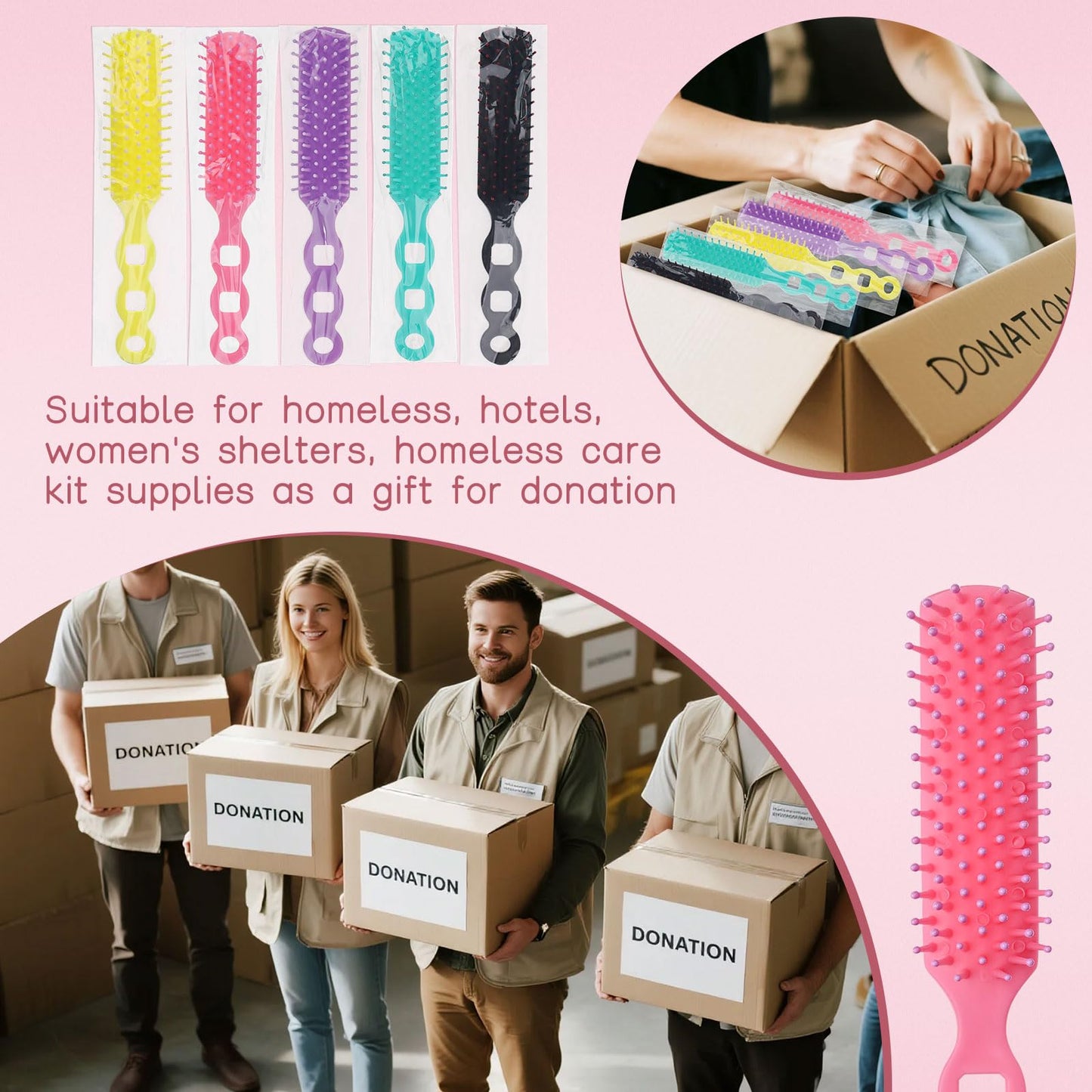 Hair Brushes in Bulk Individually Wrapped for Homeless,Plastic Hair Brush for Curly Wavy Hair,Detangling Hair Brush for Shelter Hotel Nursing Charity (yellow green purple pink black) (pack of 25)