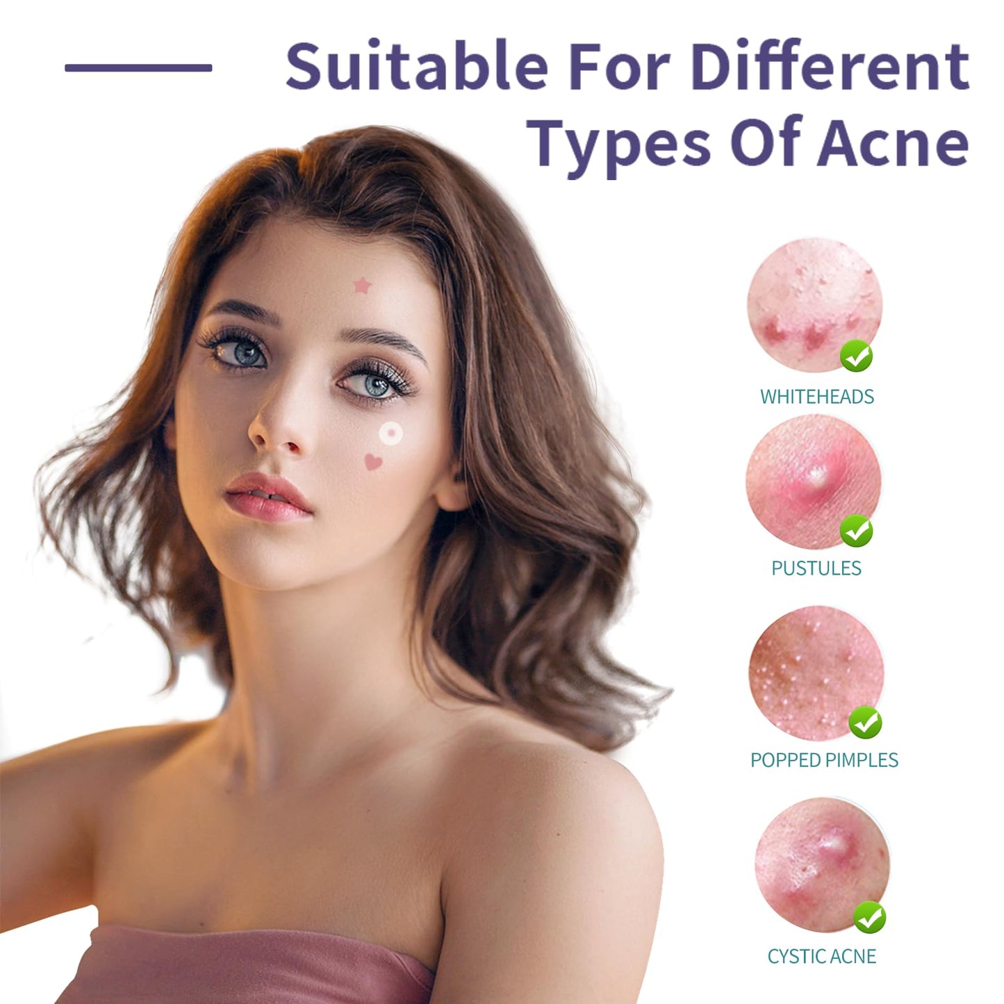 Hydrocolloid Pimple Patch Star Heart Acne Patches 3 Sizes 40 Counts Spot Blemish Stickers Zit Dot Colorful Cover Breakout Hiding Face Emergency Treatment(pink)