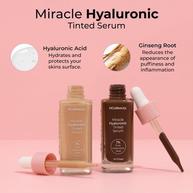 MCoBeauty Miracle Hyaluronic Tinted Serum, 2-3 Light, Hydration & Glow for Radiant Skin, Vegan, Cruelty Free Cosmetics