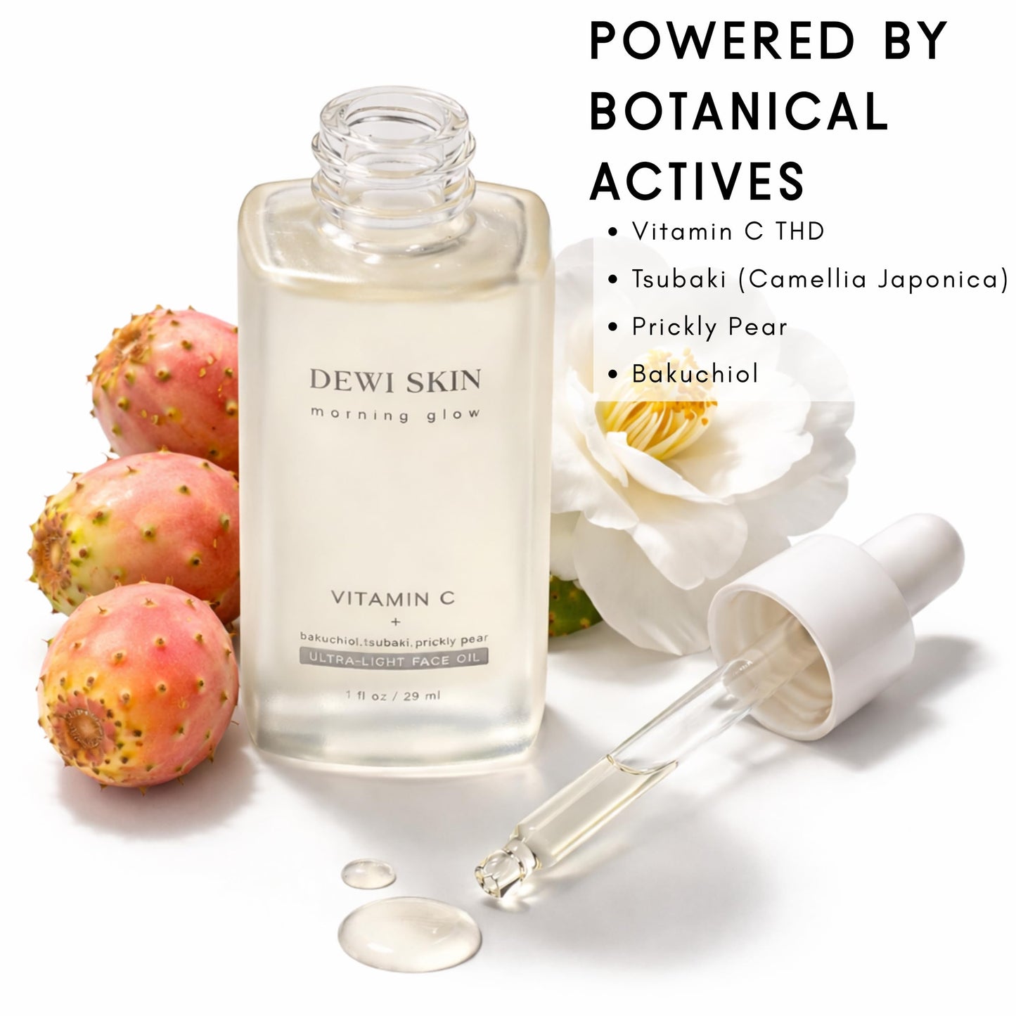 DEWI SKIN Morning Glow Vitamin C Face Oil – Ultra-Light Facial Oil with Bakuchiol, Camellia (Tsubaki) & Prickly Pear – Lightweight Daily Oil for Soft, Radiant-Looking Skin – 1 fl oz