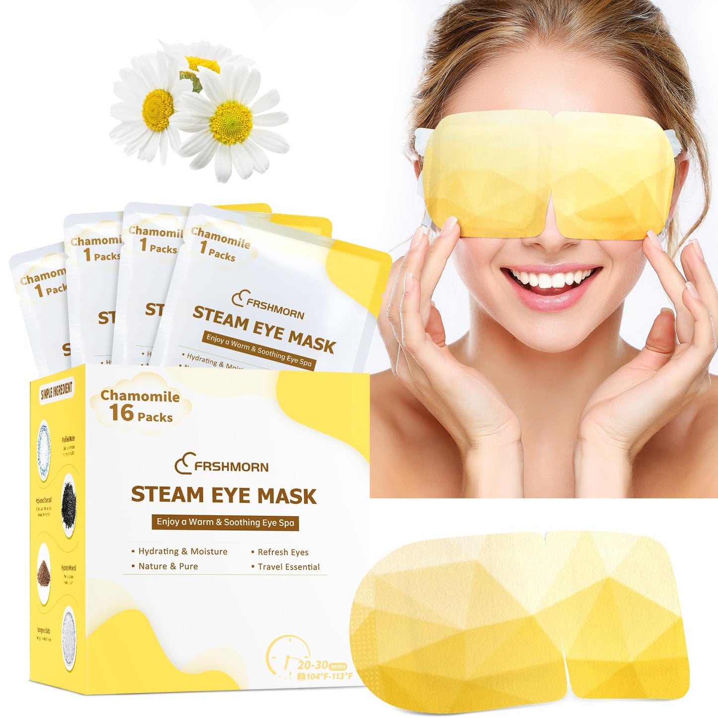 FRSHMORN 16Packs Steam Eye Mask, Heated Eye Mask for Sleeping, Warm Compress for Eyes, Self Heating Disposal Steam Mask for Home Sleep, Office, Spa, Travel Essentials Mothers Day Gifts (Chamomile)