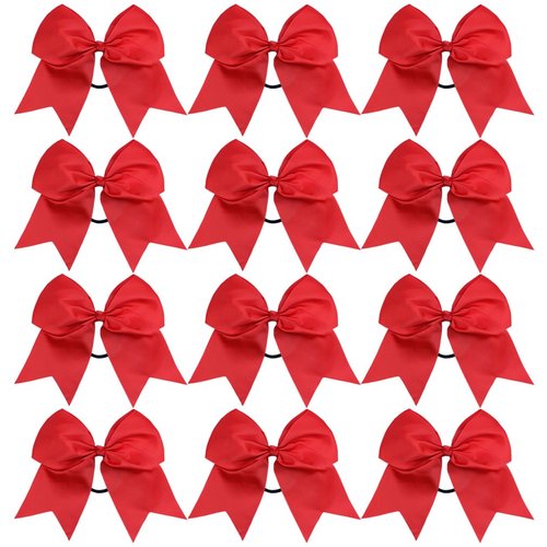 DEEKA 12PCS 8" Large Cheer Hair Bows Ponytail Holder Handmade for Teen Girls Softball Cheerleader Sports-Red