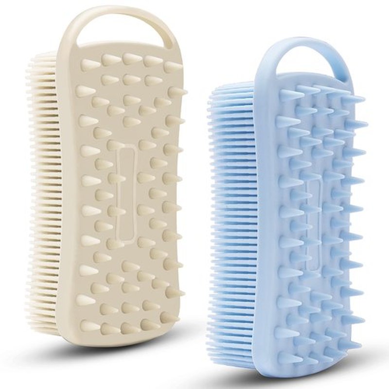2 PC Silicone Exfoliating Body Scrubber, 2 in 1 Silicone Body Shampoo Brush, Soft Silicone Loofah for Sensitive Skin, Shower Silicone Hair Scalp Massager, Easy to Clean, Lather Well (Grey&Blue)
