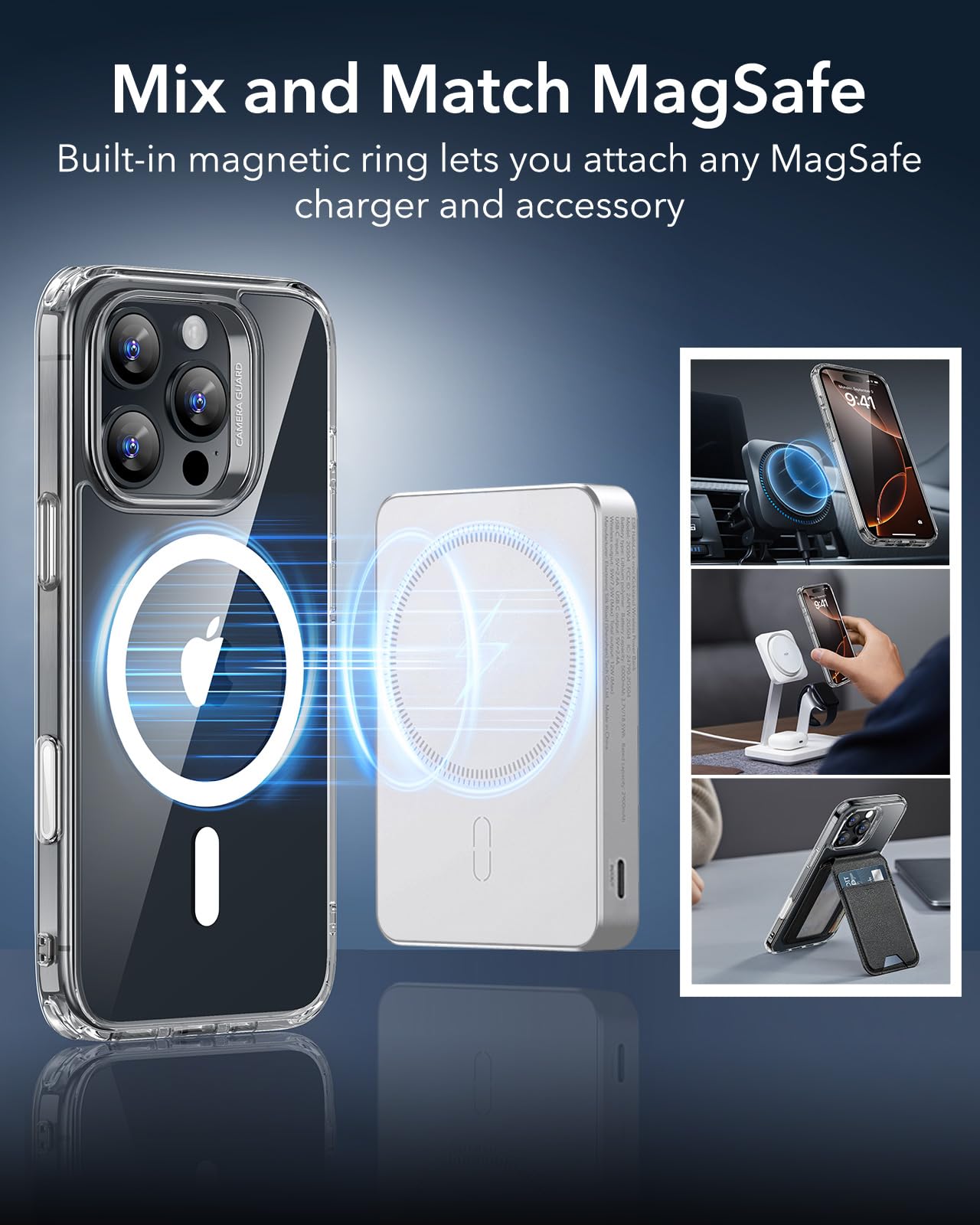 ESR for iPhone 16 Pro Case, Compatible with MagSafe, Shockproof Military-Grade tection, Magnetic iPhone Case for iPhone 16 Pro, Classic Hybrid Case (HaloLock), Clear Black
