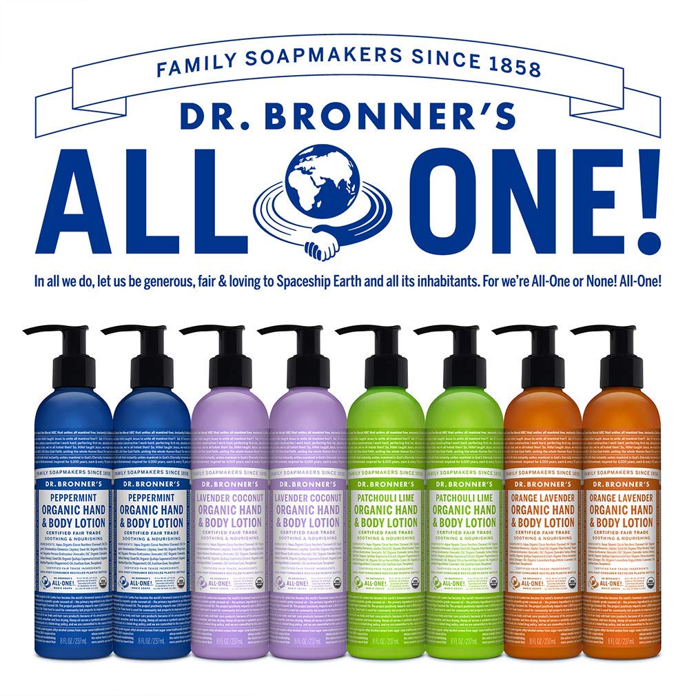 Dr. Bronner's - Organic Lotion (8 oz Variety Pack) Peppermint, Lavender Coconut, Orange Lavender, & Patchouli Lime - Body Lotion & Moisturizer, Organic, Soothing for Hands, Face & Body | 4 Count
