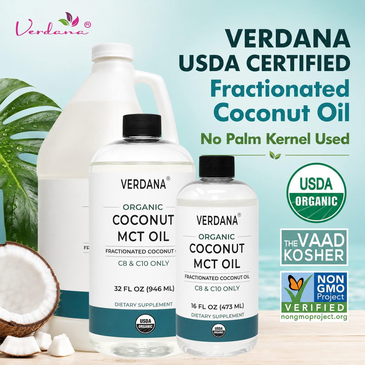 Verdana USDA Organic Coconut MCT Oil, 32 fl oz, Food Grade, C8 & C10 Only, Non-GMO, Kosher, Keto & Paleo Friendly, No Palm Kernel Oil