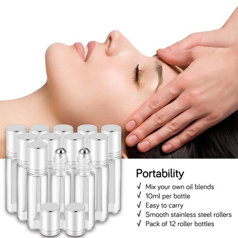 PrettyCare Essential Oil Roller Bottles 10ml (Clear Glass Bottle with Silver Cap, 12 Pack, 2 Extra Stainless Steel Balls, 24 Labels, Opener, Funnels Roller Balls for Oils, Roller on Bottles
