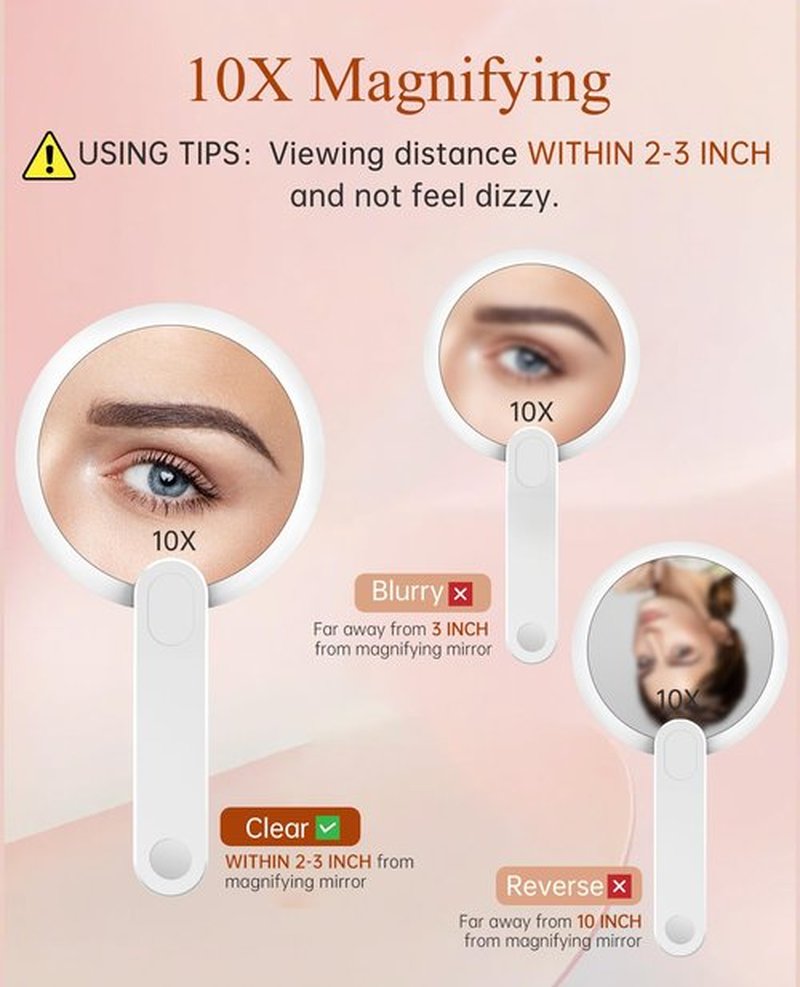 FASCINATE Handheld Mirror with Lights, 1X 10X Double Sided Magnifying Mirror with Swivel Handle, Perfect for Travel, Compact, Pocket, Purse, Folding, USB Charging （with Flannel Bag）