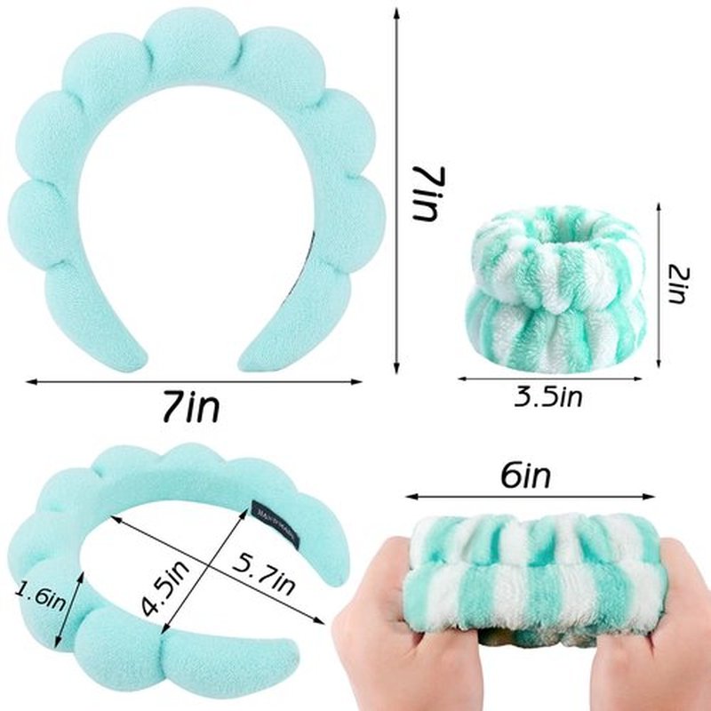 Zkptops Spa Headbands for Washing Face or Facial Sponge Makeup Skin Care Headband Wristband Set Towel Bubble Soft Hairband for Women Girls Puffy Winter Non Slip Thick Thin Hair Accessory(Turquoise-3)