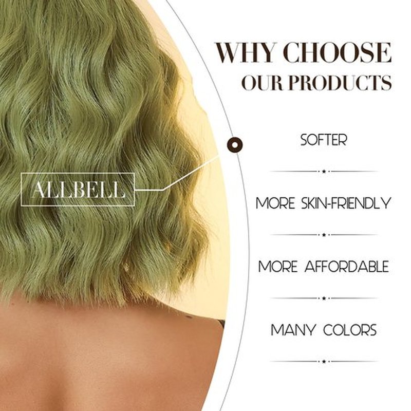 Allbell Olive Green Wigs for Women, Short Wavy Bob Wig,Bob Wig with Bangs,Synthetic Short Curly Wave Wigs, Costume Wig, Fiber Hair Wigs for Cosplay