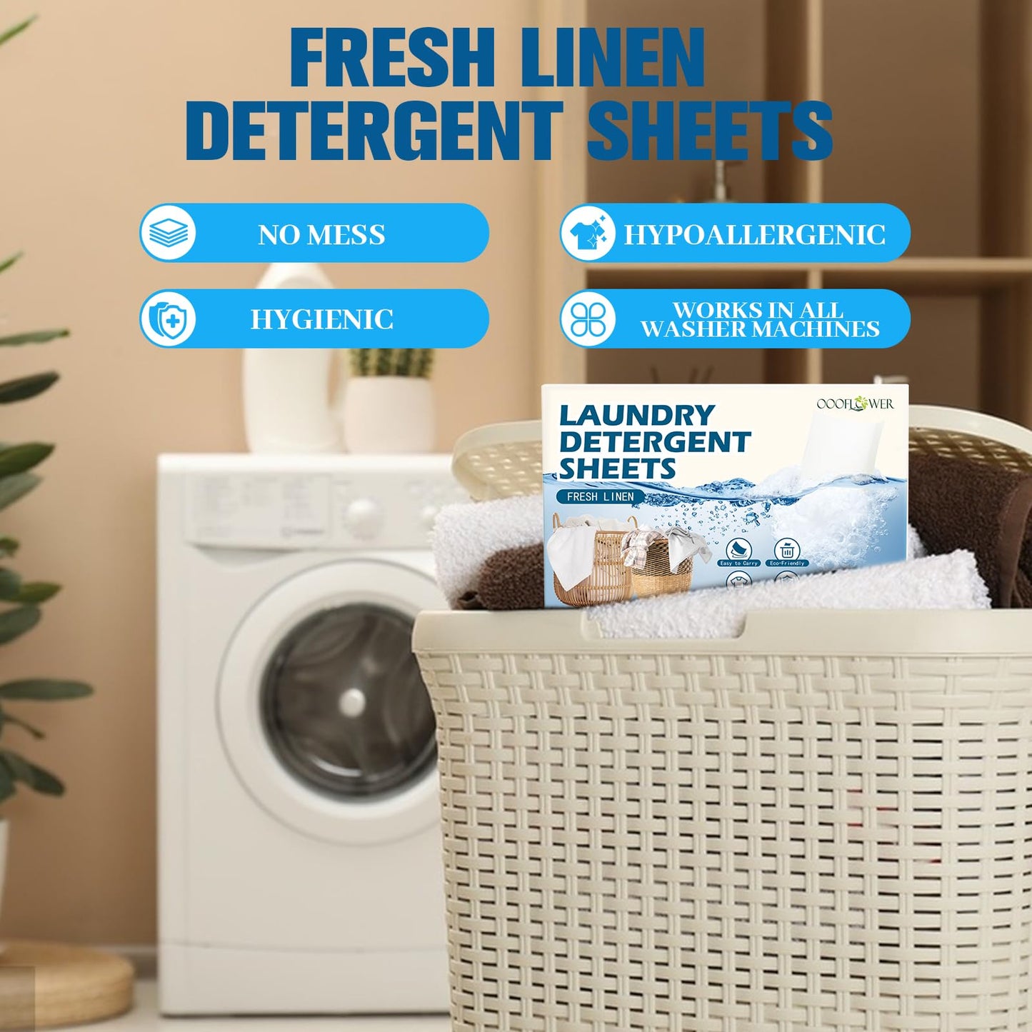 OOOFLOWER Laundry Detergent Sheets Up to 80 Loads (40 Sheets) Compact Washing Strips, Plastic-Free Liquidless Detergen, Space-Saving for Home Dorm Travel Camping, Fresh Linen
