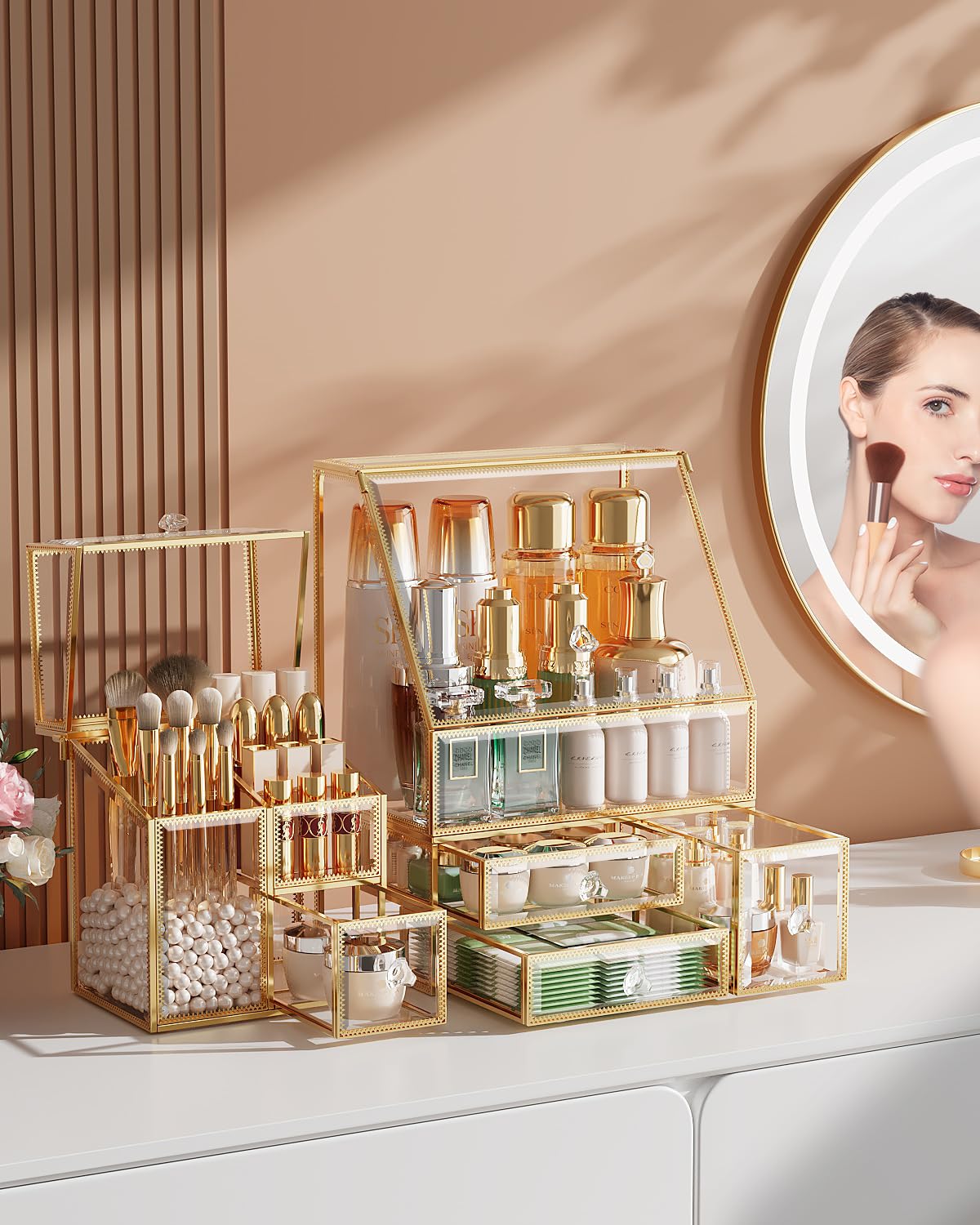 CoralHouse Clear Makeup Organizer with Gold Frame – Countertop Vanity Organizer for Skincare, Lipsticks, Perfume & Brushes – Bathroom Cosmetic Storage Display Box