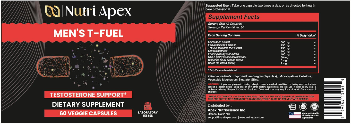 Nutri Apex Testosterone Supplement for Men – Natural Herbal Blend with Fenugreek, Tribulus, Panax Ginseng & DHEA – Supports Energy, Stamina & Healthy T-Levels – 60 Veggie Capsules, Made in USA