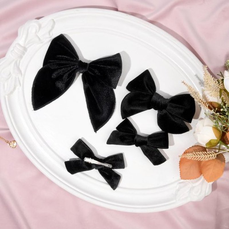 DEEKA 4 PCS Black Velvet Hair Bows 3 Styles 5" & 4" Handmade Hair Bow set for Toddler Girls Alligator Hair Clips Knot Bows Hair Accessories for Little School Girls (Black)