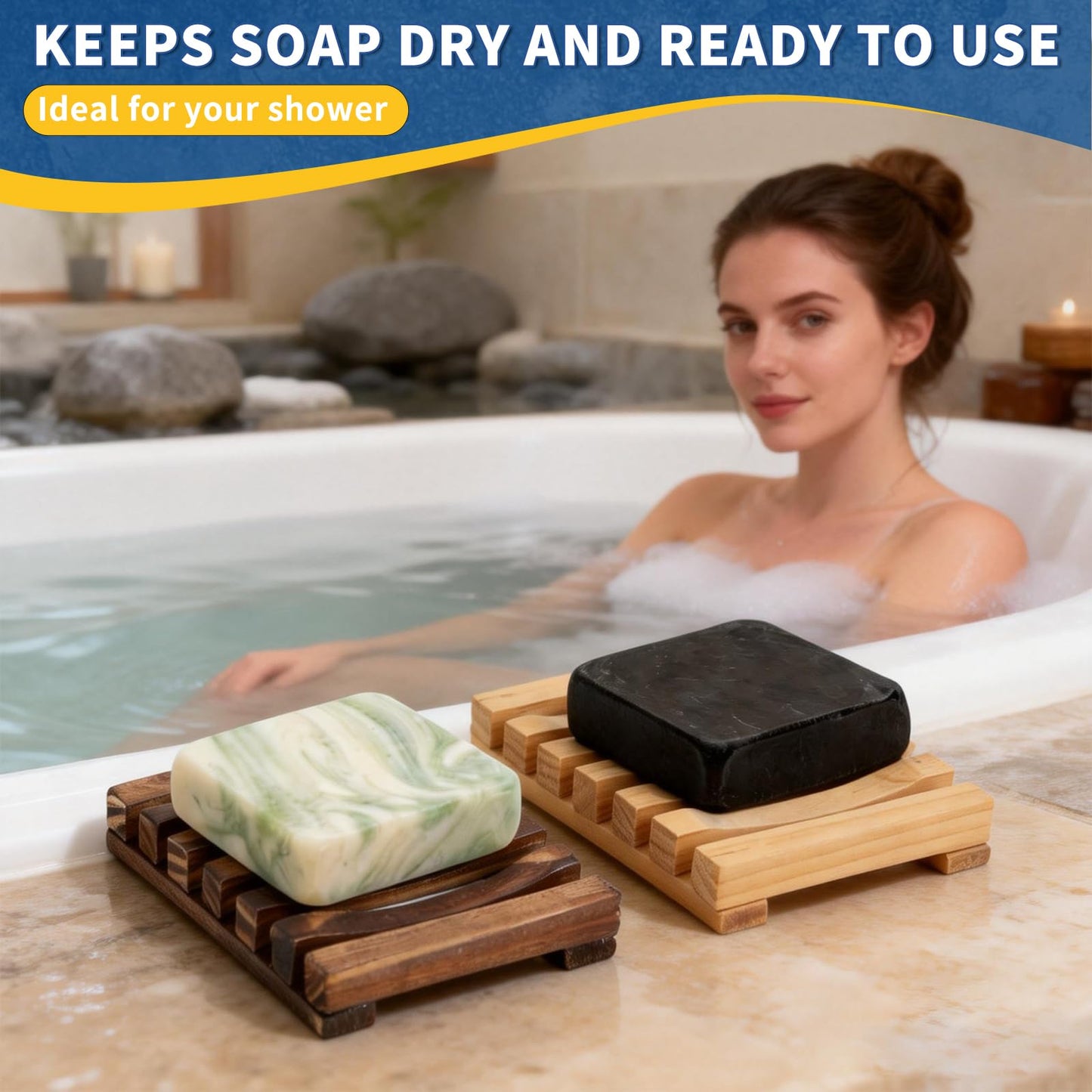 Soap Saver Compatible with Dr. Squatch, Set of 2 Wooden Soap Dish for Shower, with Self Draining, Extend Soap's Life and Keep Dry, Ideal for Bathroom, Bathtub and Shower, Charcoal and Wooden Color