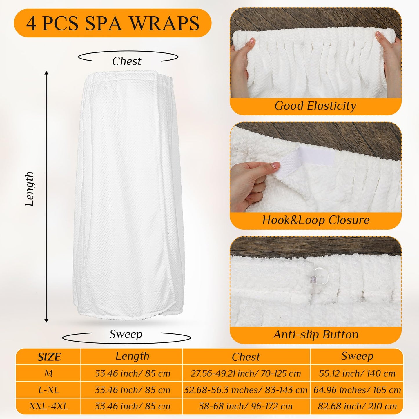 Tigeen 4 Pcs Towel Wrap for Women Waffle Spa Robe with Adjustable Closure Elastic Top Lightweight Wraps for Bath Shower(Medium,White)
