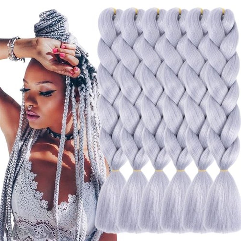 TENGSHUO FLY Silver Grey Braiding Hair 6 Packs Synthetic Braid Hair Extensions Jumbo Ombre Braiding Hair 24 Inch or Box Braids Twist Crochet Braids(24"6Pack,Silver Grey)