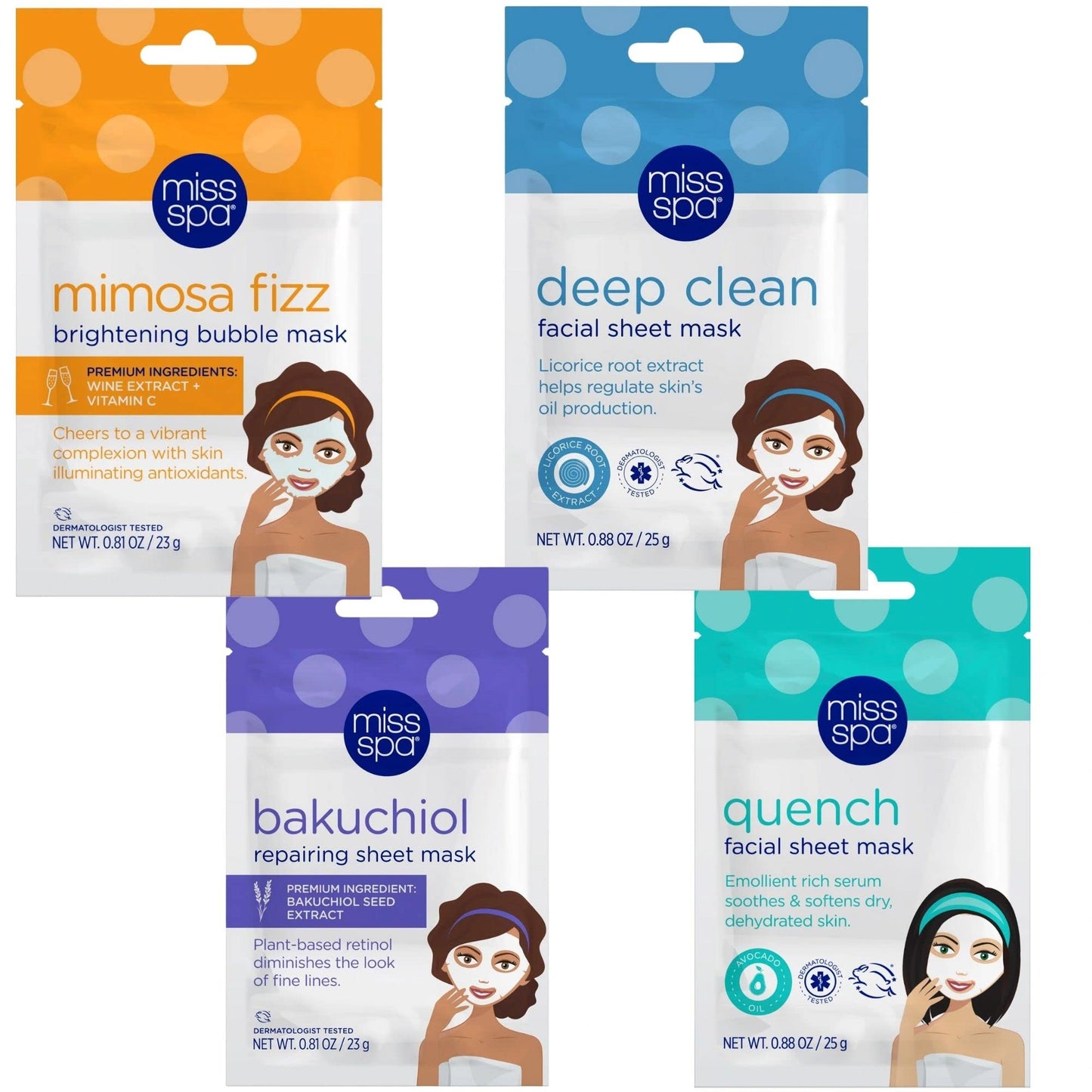 MISS SPA Face Mask Skin Care Set for Women, Deep Clean Face Mask, Quench, Mimosa fizz, Bakuchiol Facial Sheet Mask, Anti-Aging, Anti-Wrinkle, Hydrating Face Mask Skin Care, 4-Pack