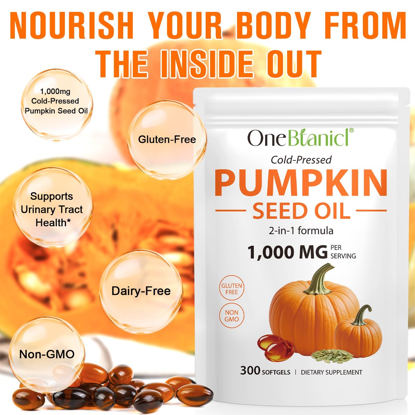 Pumpkin Seed Oil Capsules for Hair Growth, 300 Softgels for Prostate Health & Hormone Balance, Cold Pressed Pure Virgin Oil, Urinary Support, Skin Care,Non-GMO