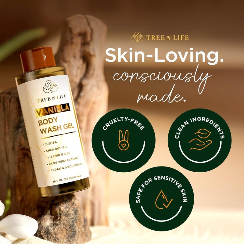 Tree of Life Vanilla Body Wash Gel - Moisturizing Shower Gel with Jojoba Oil & Shea Butter | 16.9 fl oz