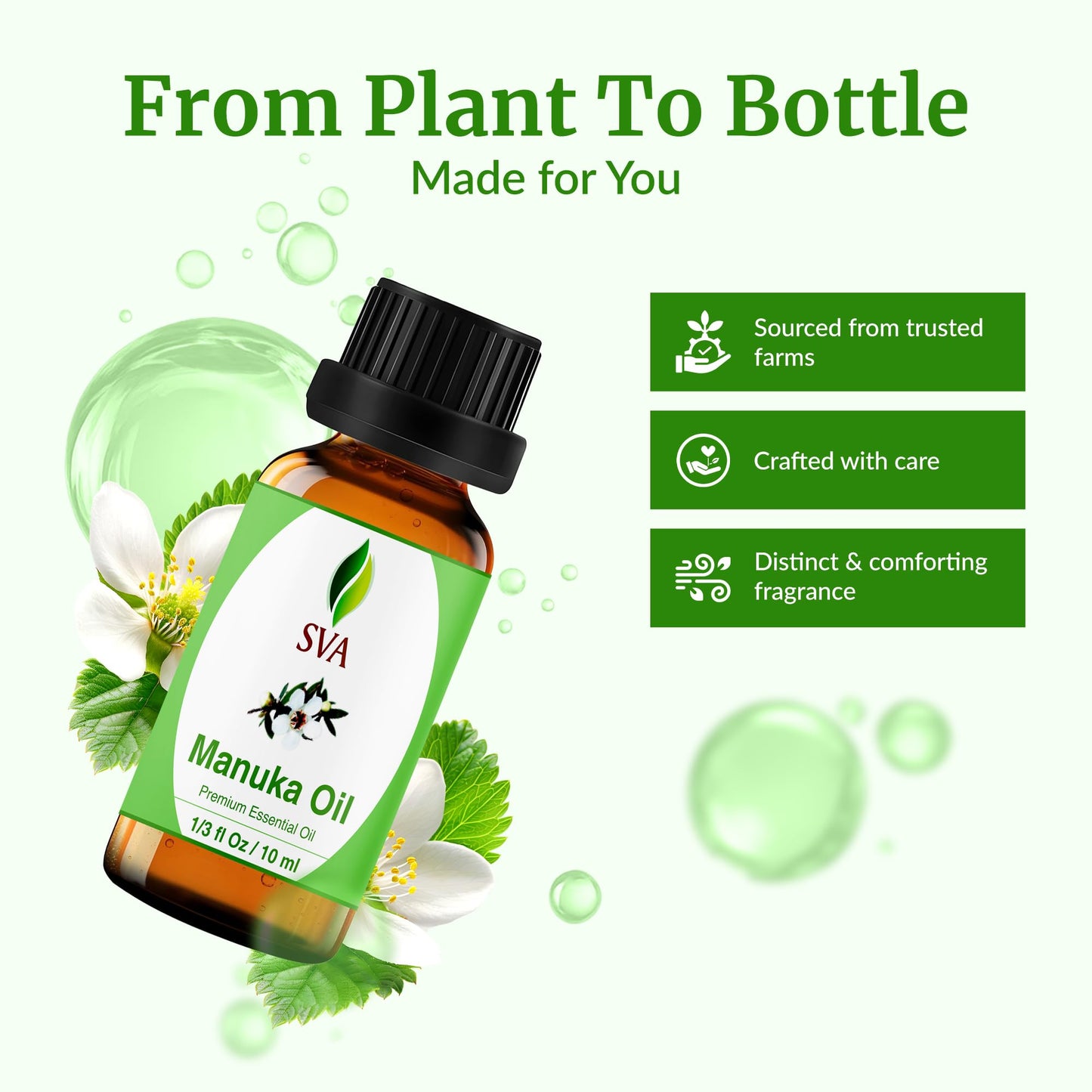 SVA Manuka Essential Oil – 1/3 Fl Oz – 100% Natural Manuka Oil - for Diffuser, Hair Care, Face, Skin Care, Aromatherapy, Scalp and Body Massage, Soap and Candle Making