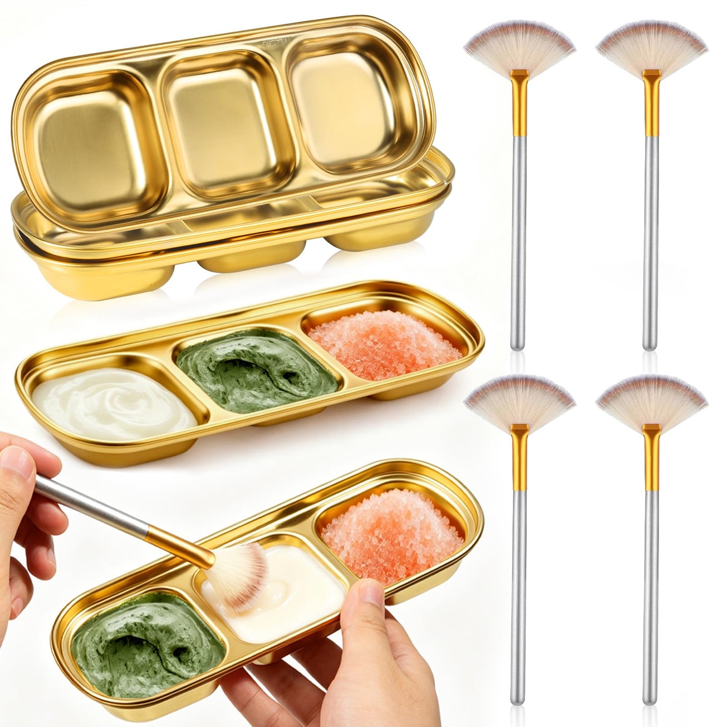 12 Pcs DIY Esthetician Bowls Face Mask Tray Facial Brushes Esthetician Gold Facial Supplies Kit 3 Compartment Stainless Steel Skincare Tray Fan Brushes Esthetician Facial Bowls for Spa Salon Nail