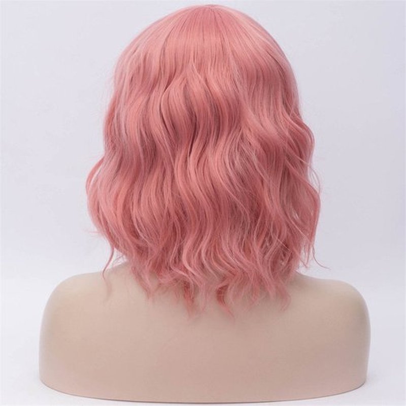 BUFASHION 14" Women Short Wavy Curly Wig Light Pink Bob Wig Cosplay Halloween Synthetic Wigs with Side Bang Wig(Light Pink)