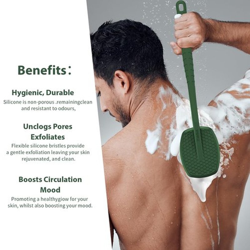 iTokGoK® All New Premium Silicone Back Scrubber with Tire Anti-Slip Long Handle for Shower, Gentle Exfoliating and Massage Brush Scrubber for Sensitive Skin for Men and Women (Midnight Green)