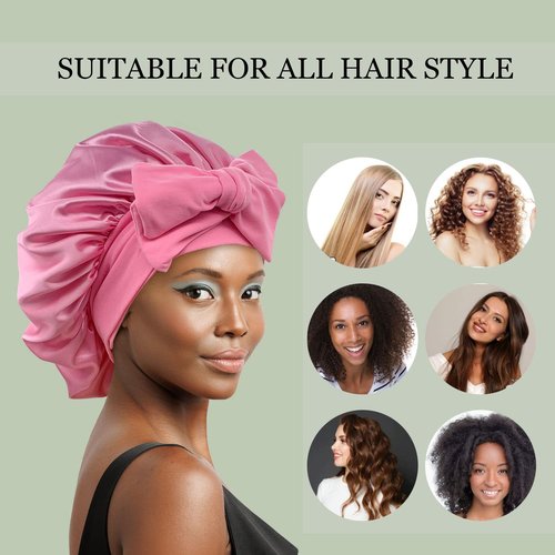 Satin Bonnet Silk Bonnet Hair Bonnet for Sleeping Large Bonnets with Tie Band Hair Wrap with Adjustable Straps Hair Cap Night Sleep Caps for Women Curly Braid Hair(Black,Dark Pink)